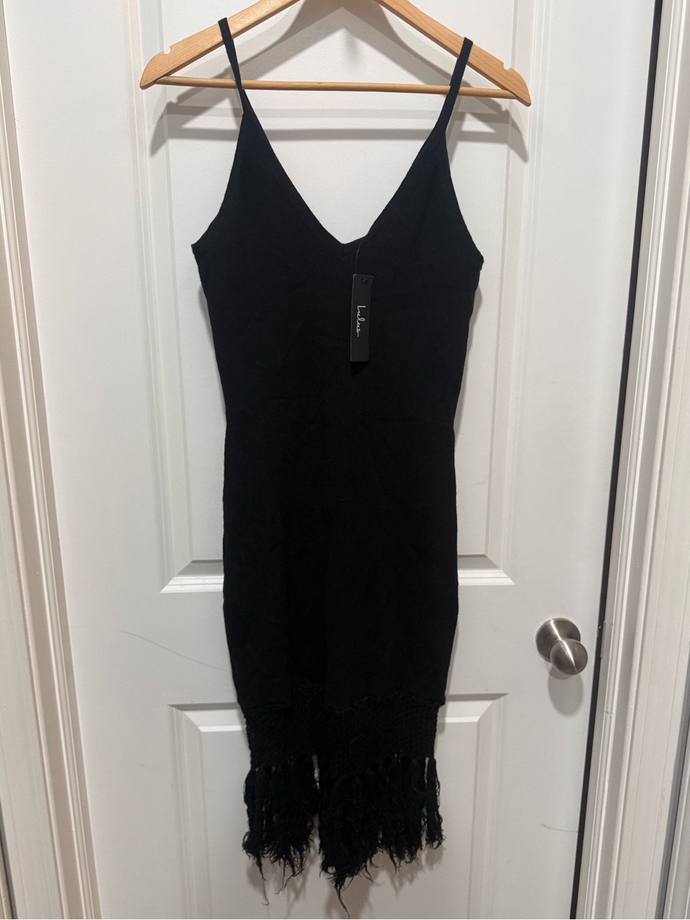 Sunny Festival Black Ribbed Knit Fringe Midi Dress  XL